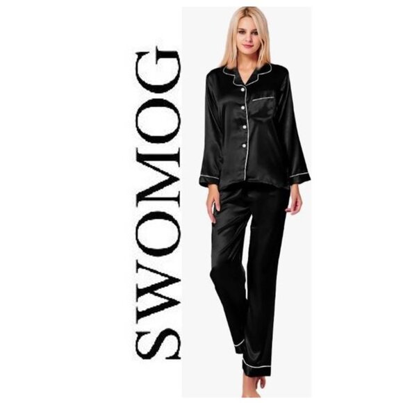 AMAZON, Black satin silk pyjamas set - Picture 2 of 13